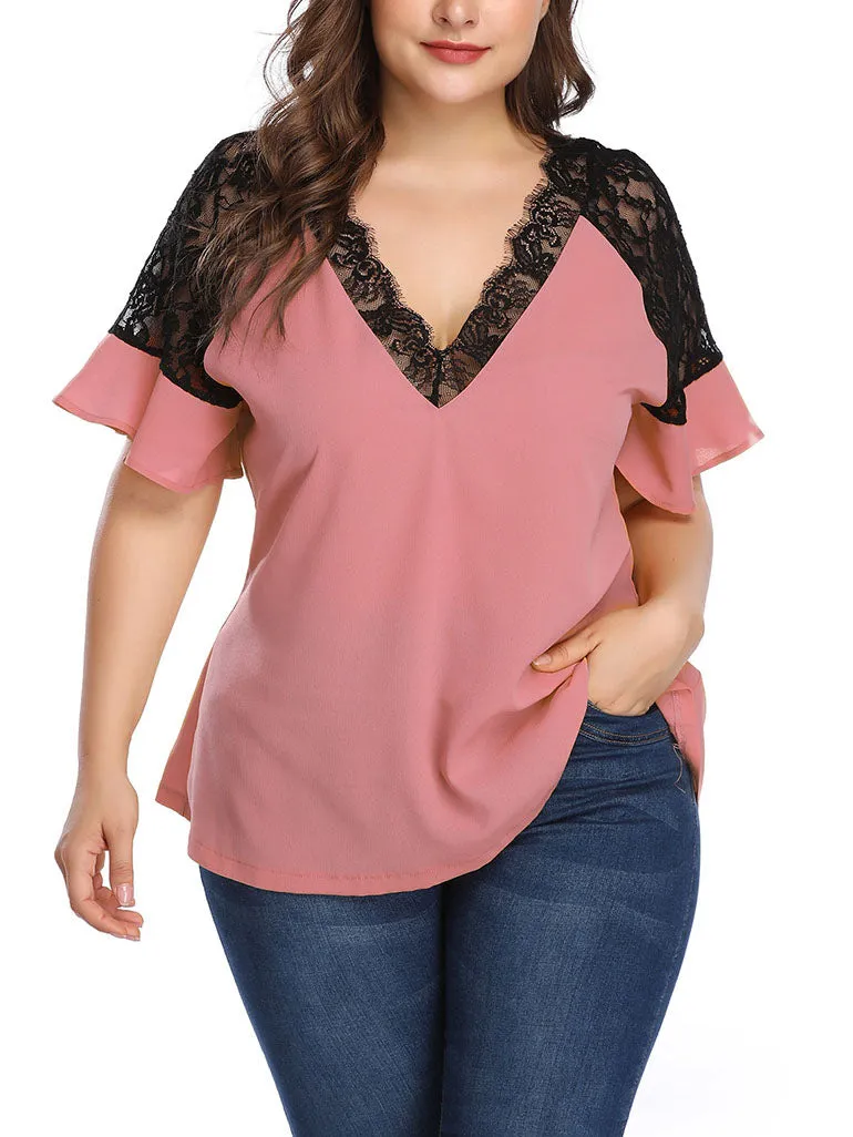 Large Size Women's Contrast Color Lace Stitching Top