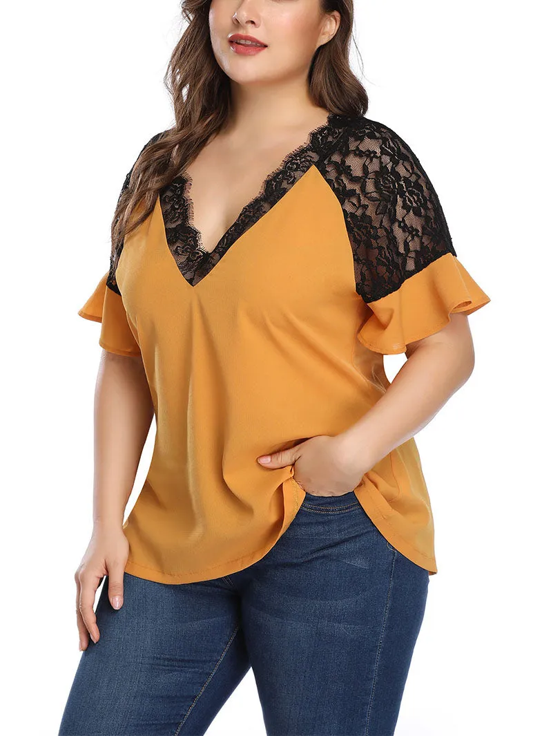 Large Size Women's Contrast Color Lace Stitching Top