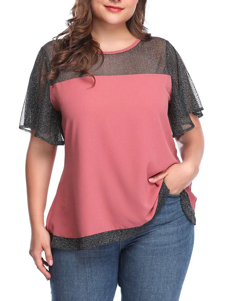 Large Size Women's Contrast Color Lace Stitching Top