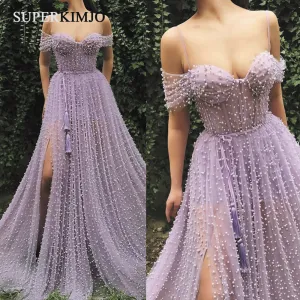 lavender beaded prom dresses long off the shoulder peals purple sexy prom gown with slit vestido de Longo