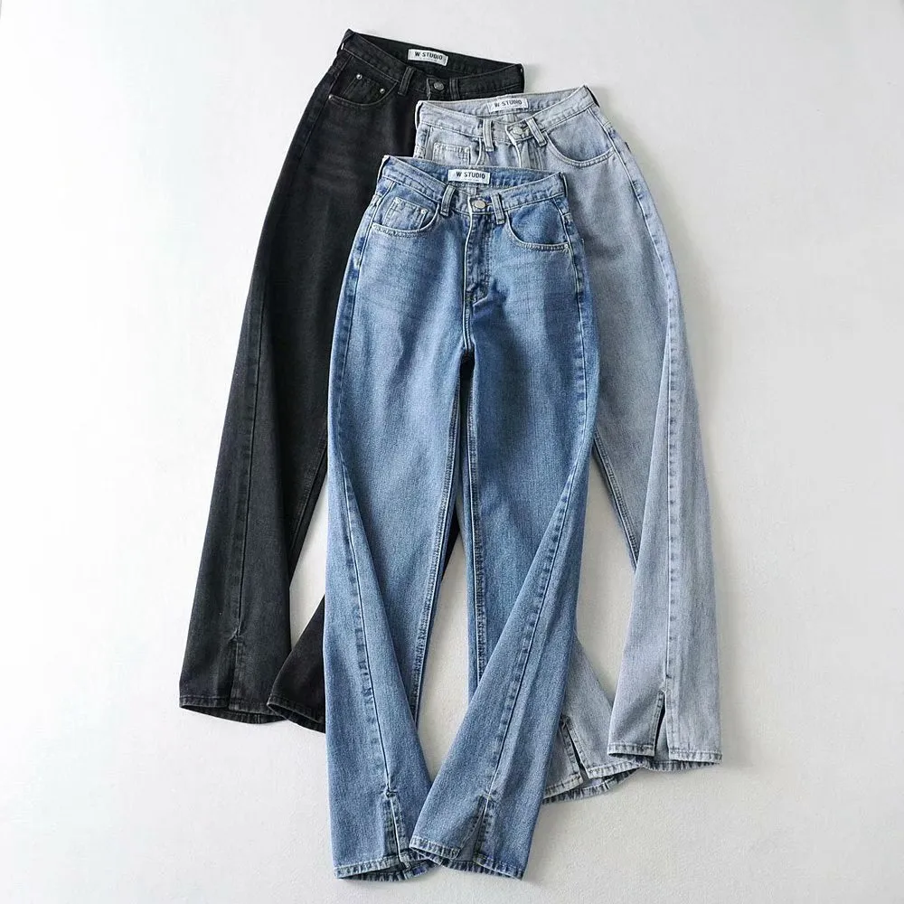 Leg Split High Waist Wide Leg Straight Jeans Denim Pants