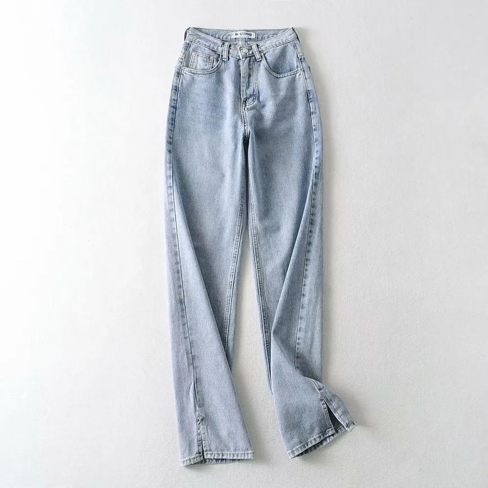 Leg Split High Waist Wide Leg Straight Jeans Denim Pants