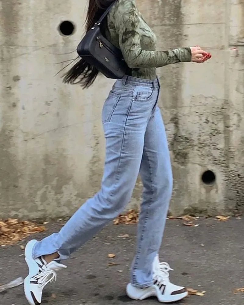 Leg Split High Waist Wide Leg Straight Jeans Denim Pants