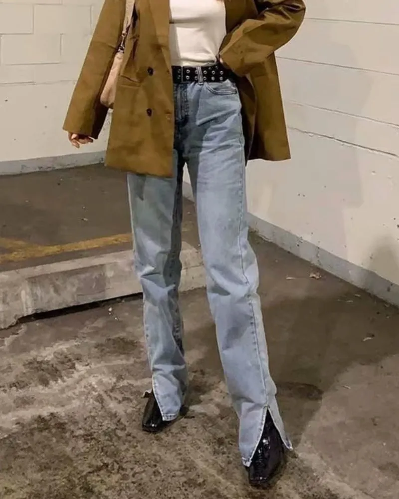 Leg Split High Waist Wide Leg Straight Jeans Denim Pants