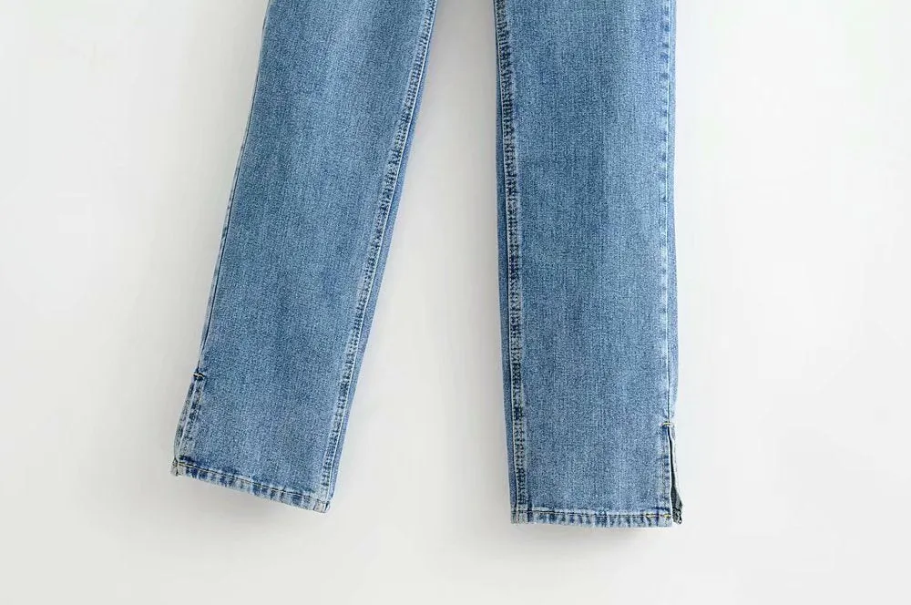 Leg Split High Waist Wide Leg Straight Jeans Denim Pants