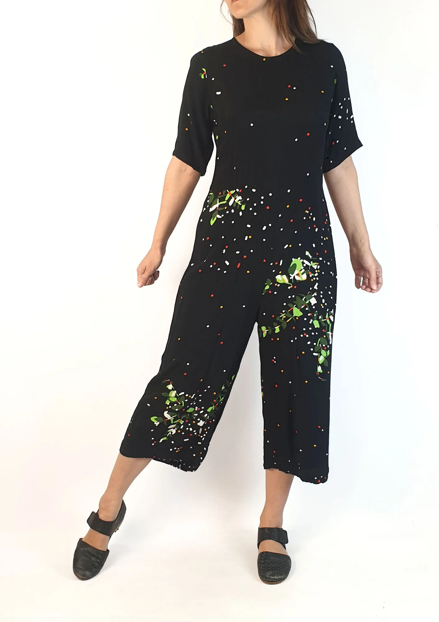 Leonard St black print wide leg jumpsuit size 8