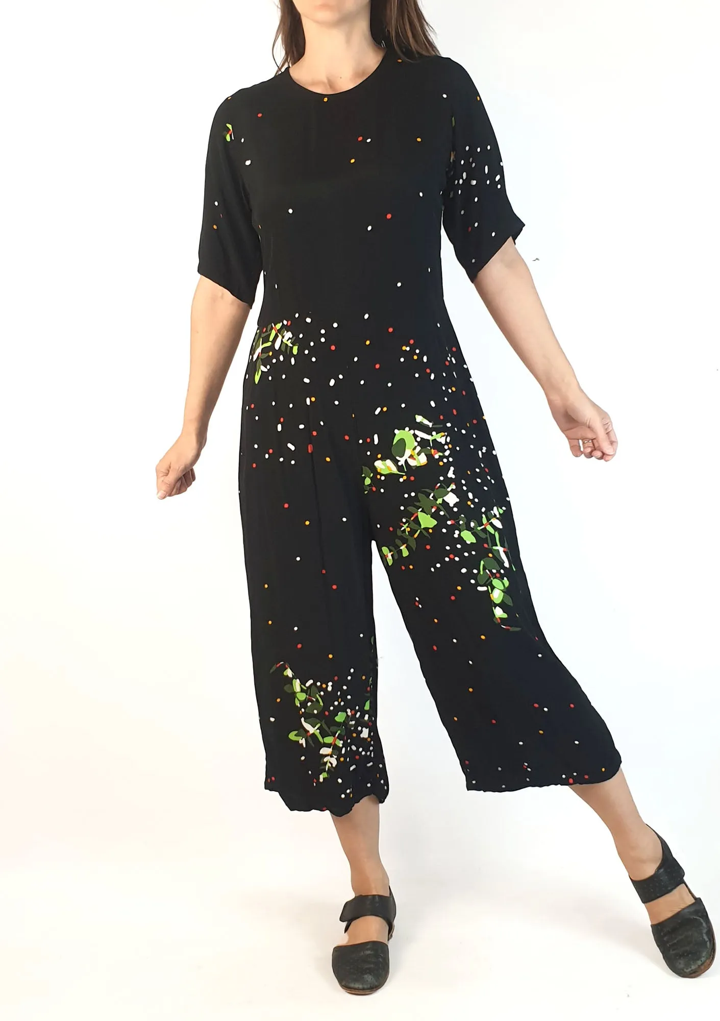 Leonard St black print wide leg jumpsuit size 8