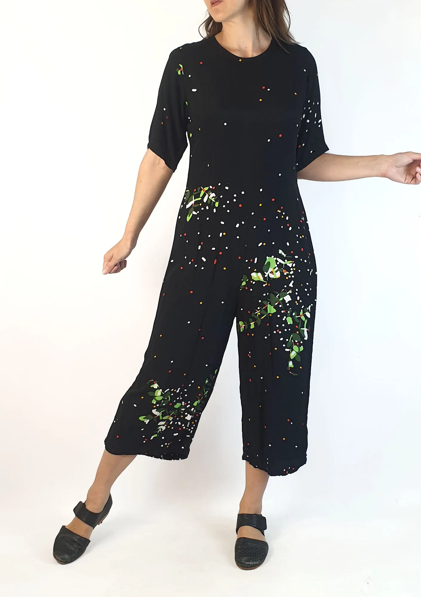Leonard St black print wide leg jumpsuit size 8