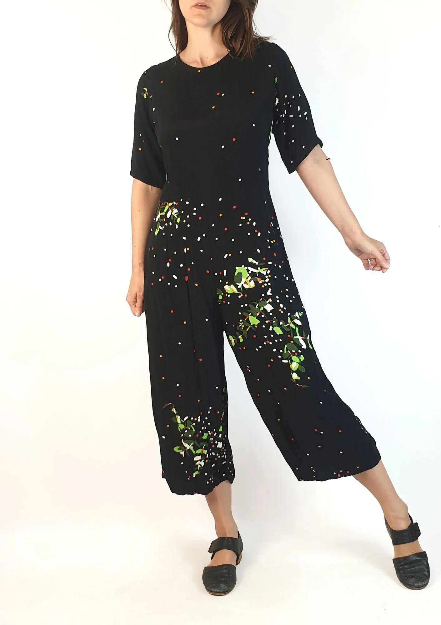 Leonard St black print wide leg jumpsuit size 8