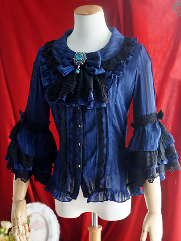 Lolita Wedding Dress Lolita Blouses Lolita Top Ruffles Bows 3/4 Length Sleeves Blouse Stripes Ecru White Lolita Shirt
