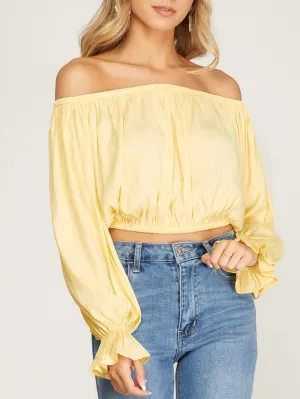 Long Sleeve Off Shoulder Cropped Top - Yellow FINAL SALE