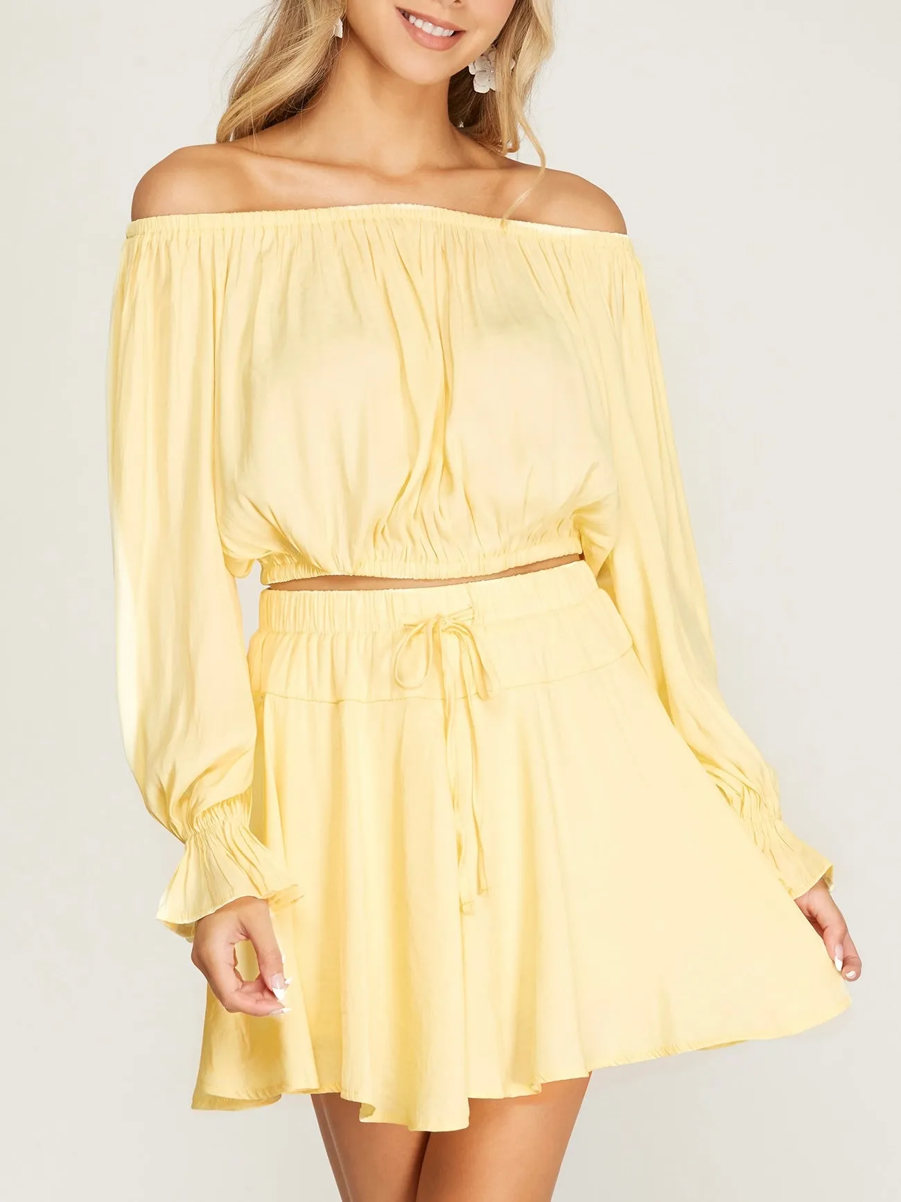 Long Sleeve Off Shoulder Cropped Top - Yellow FINAL SALE