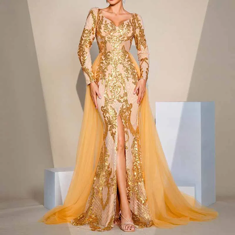 Long Sleeve Split Gold Sequin Maxi Dress Wedding Ball Gown