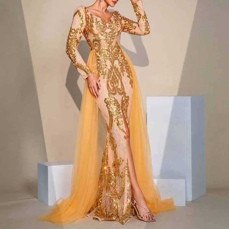 Long Sleeve Split Gold Sequin Maxi Dress Wedding Ball Gown