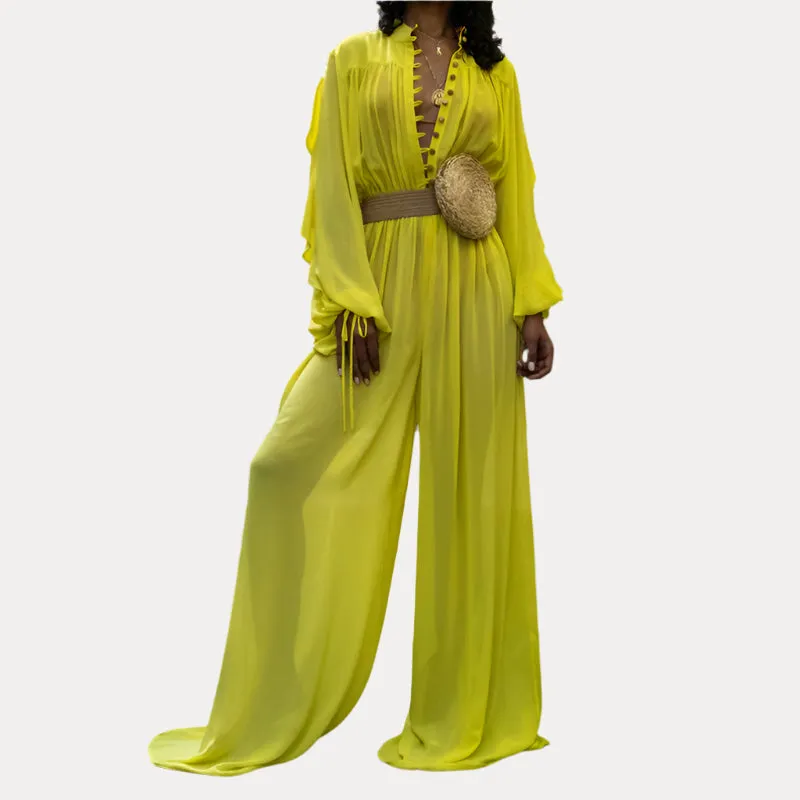 Long-Sleeved Chiffon Wide-Leg Jumpsuit
