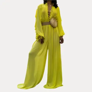 Long-Sleeved Chiffon Wide-Leg Jumpsuit
