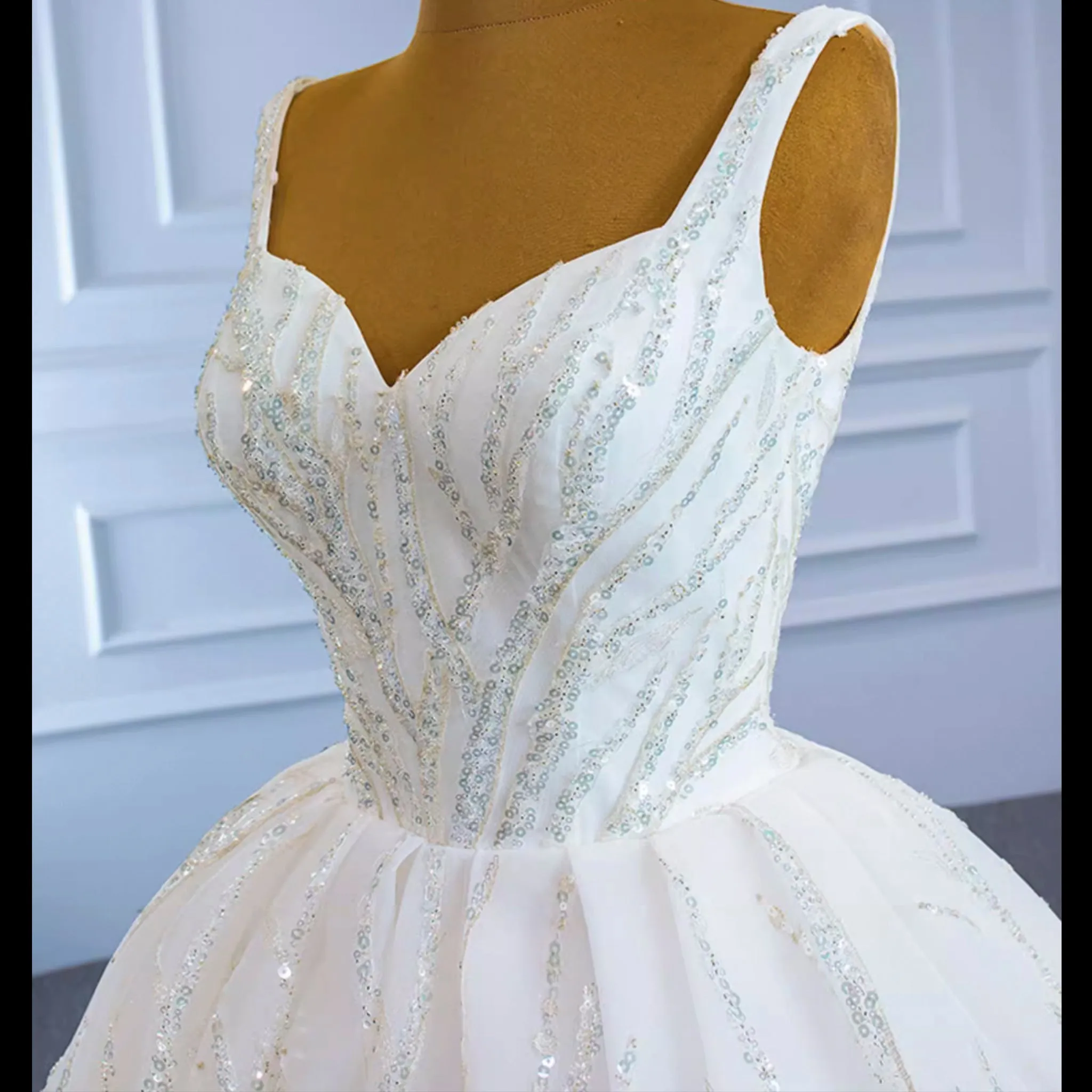 Luxury Beaded Ball Gown Queen-ann Wedding Dress with Wide Strap