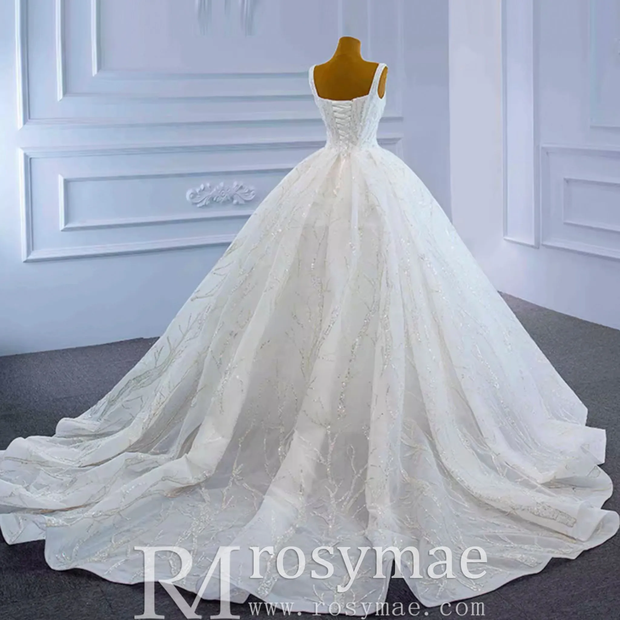 Luxury Beaded Ball Gown Queen-ann Wedding Dress with Wide Strap