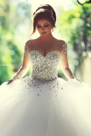 luxury wedding dress ball gown long sleeve crystals beaded princess elegant bridal gowns