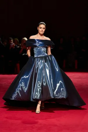 Midnight Iridescent Liquid Organza Off the Shoulder Ball Gown