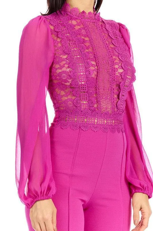 Mock neck w/ front crotchet details jumpsuit