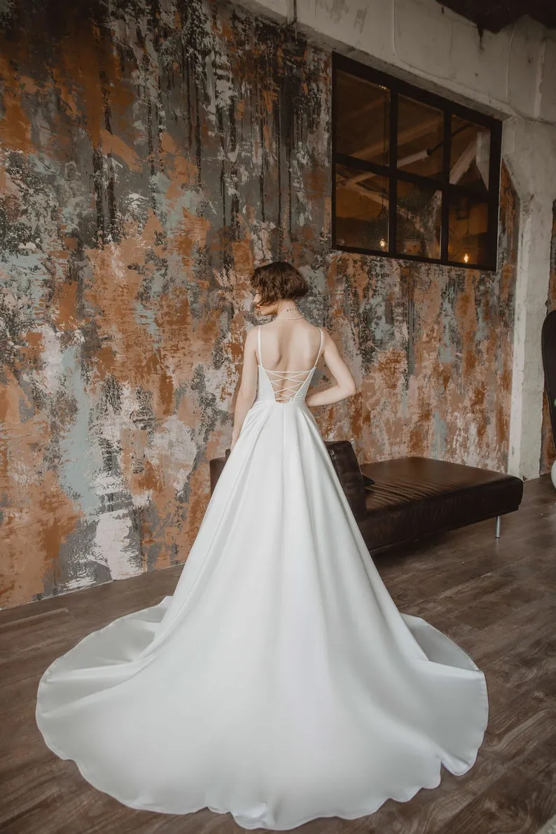 Modern A-line Simple Bridal Dress with Bow Sash