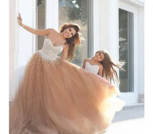 mother and daughter matching dresses champagne beaded sweetheart neck ball gown prom dress (price for mother and daughter dresses )