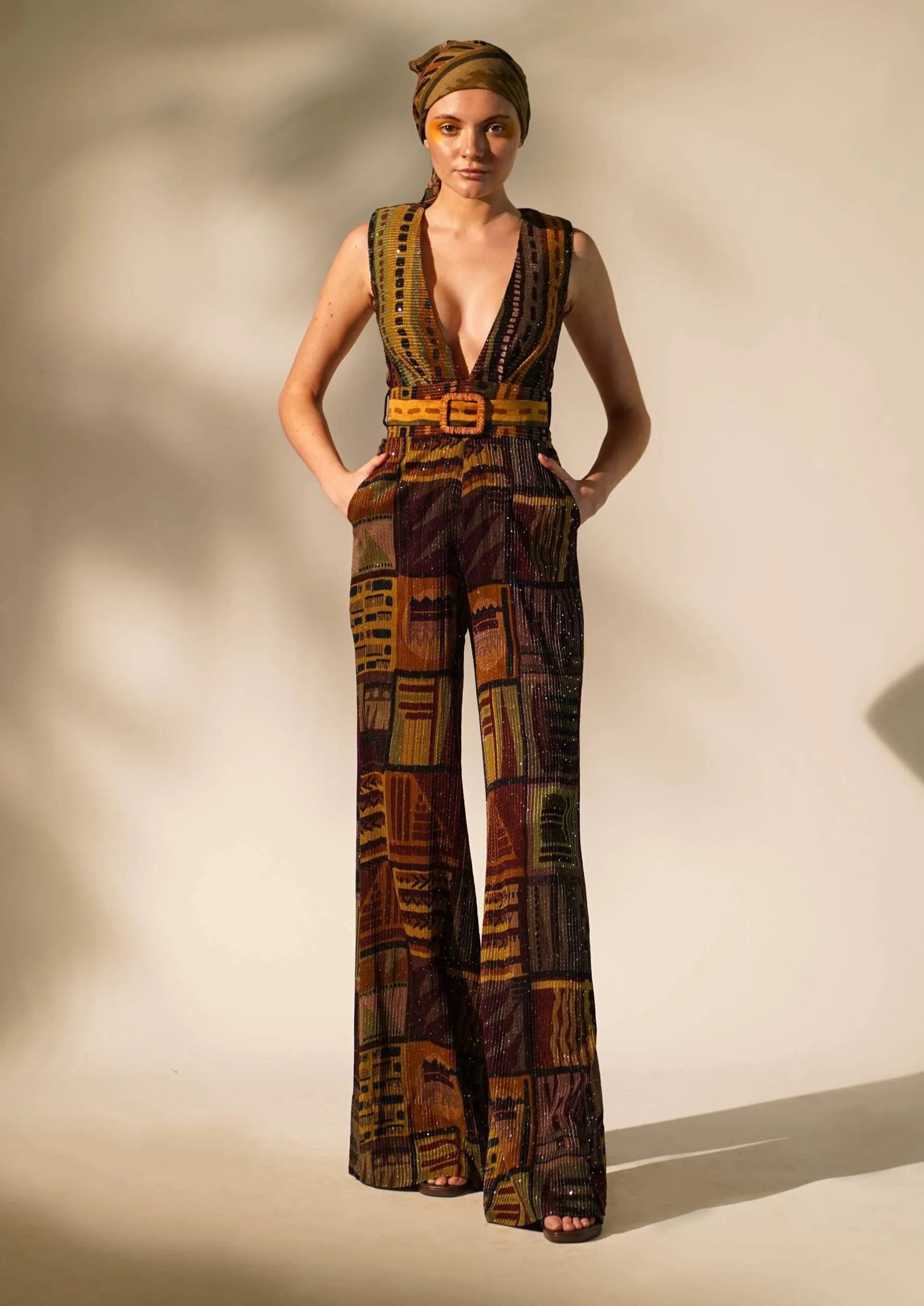 Multicolour abstract print jumpsuit with belt