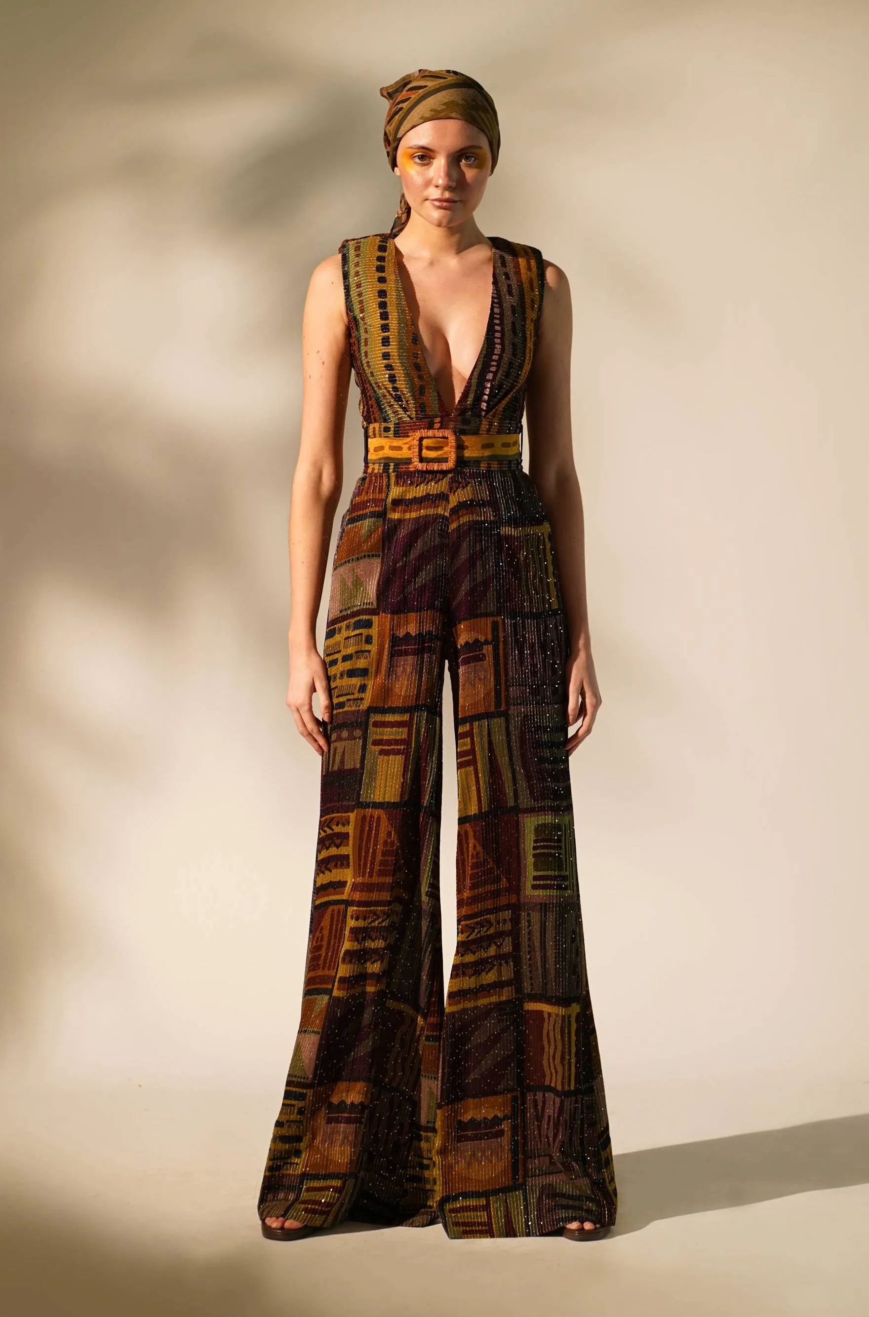 Multicolour abstract print jumpsuit with belt