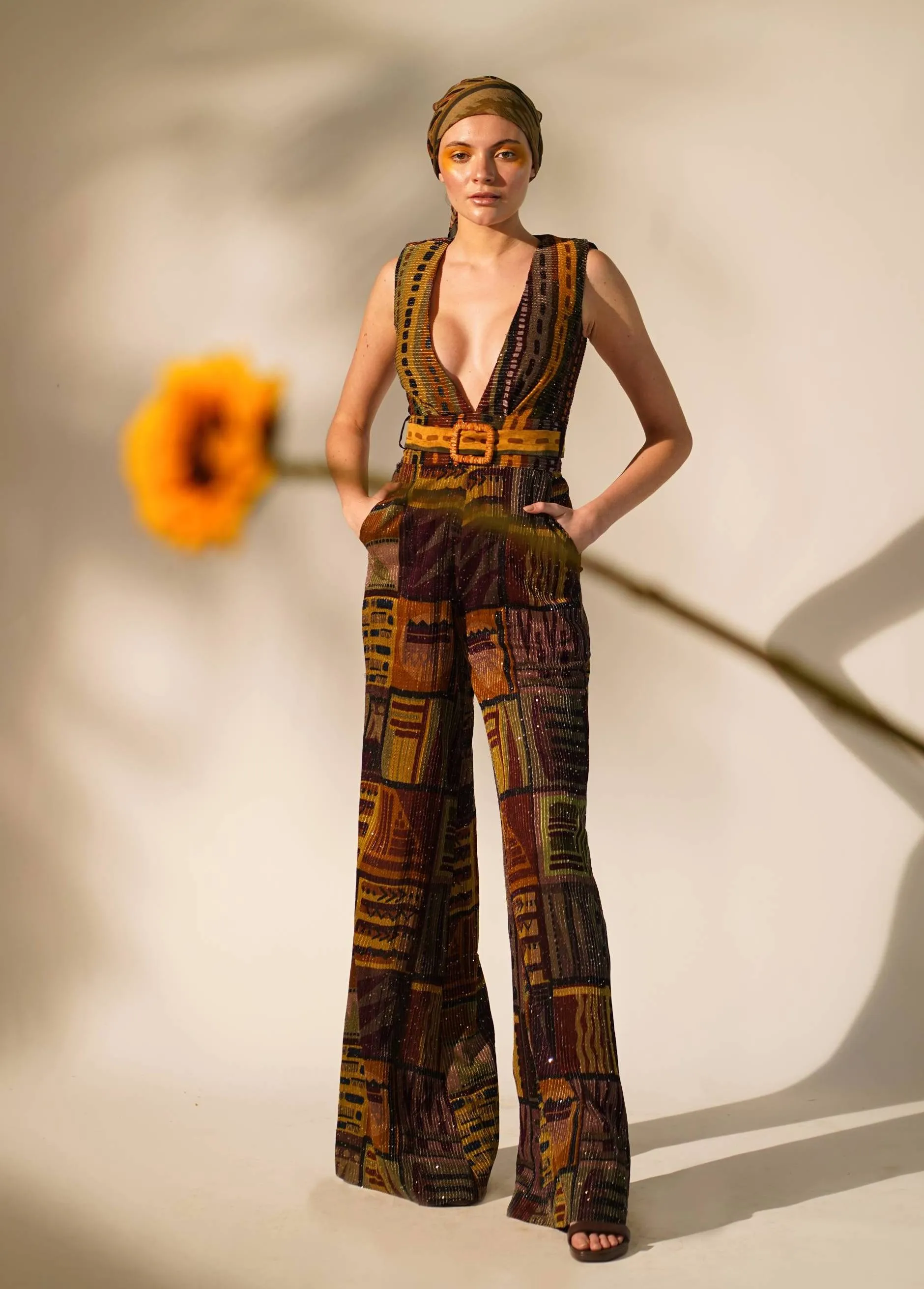 Multicolour abstract print jumpsuit with belt