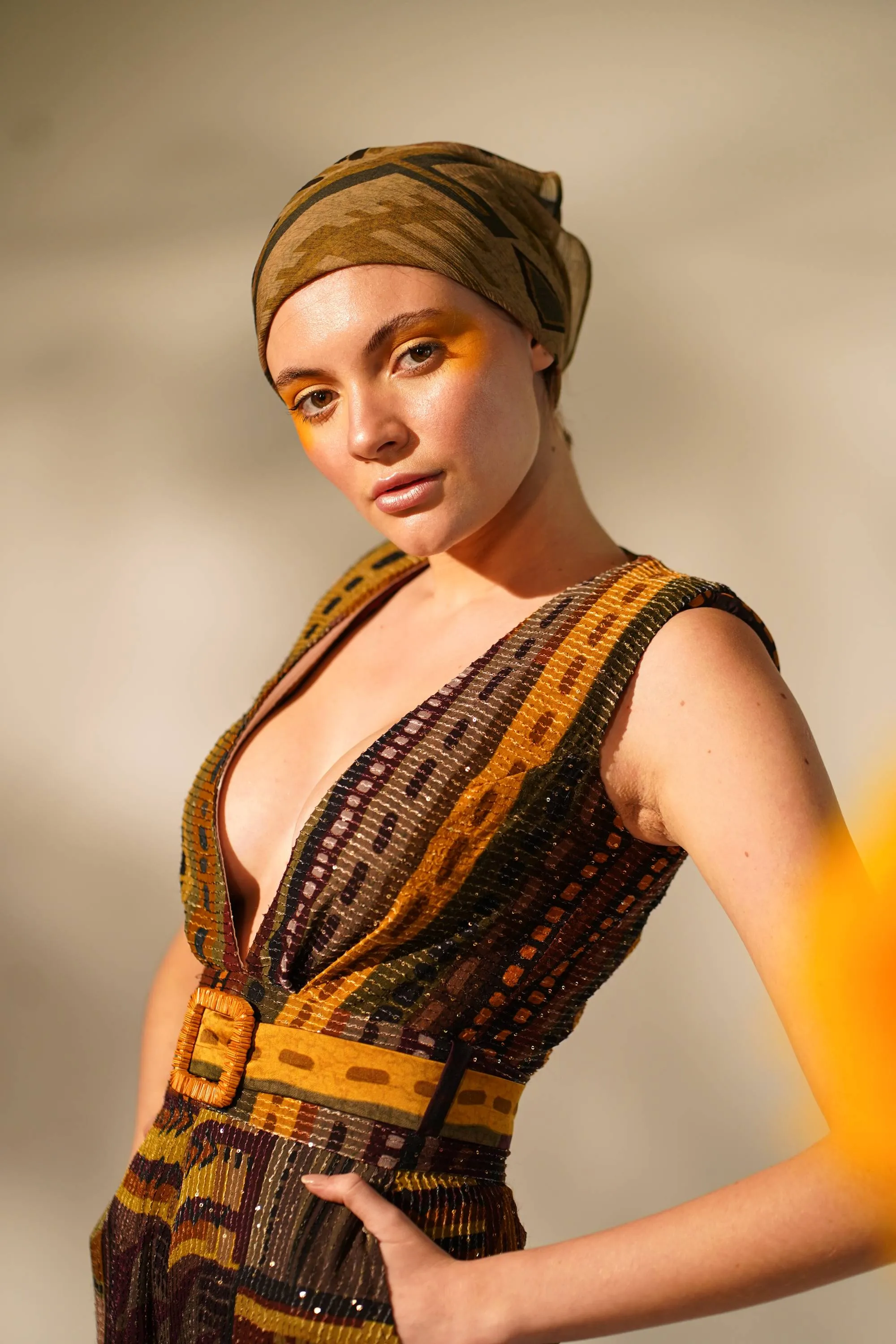 Multicolour abstract print jumpsuit with belt