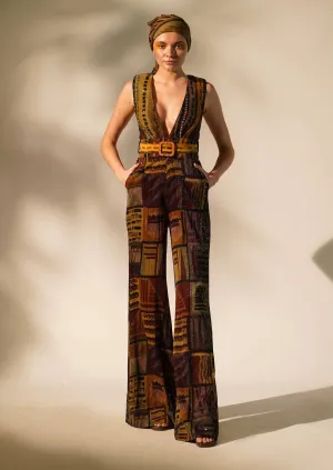 Multicolour abstract print jumpsuit with belt
