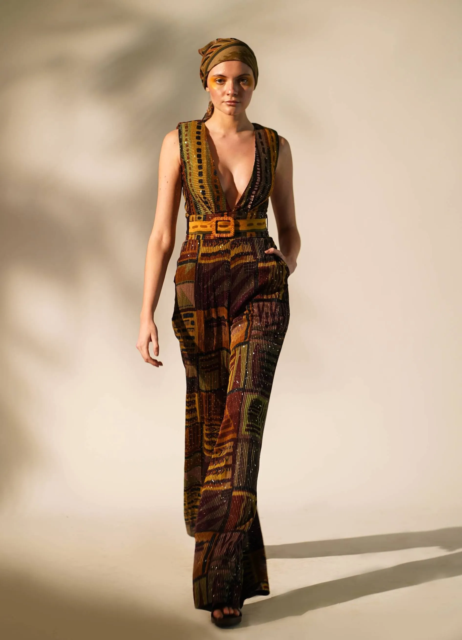Multicolour abstract print jumpsuit with belt