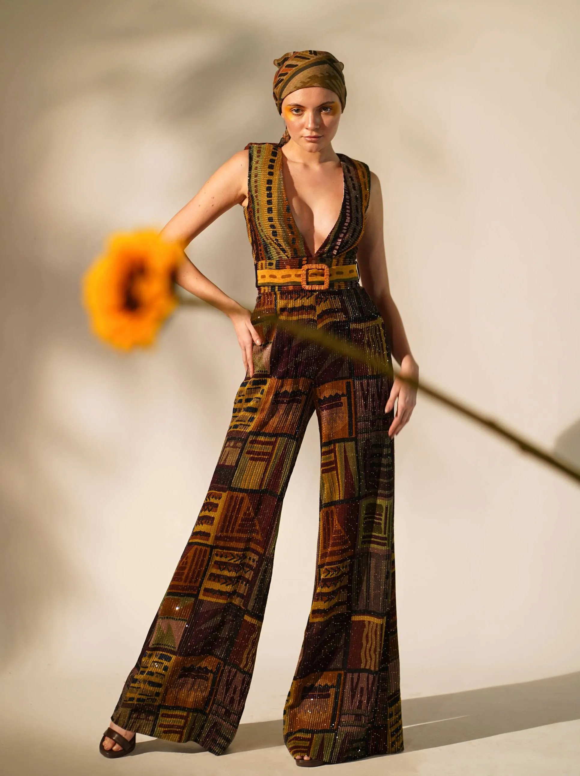 Multicolour abstract print jumpsuit with belt