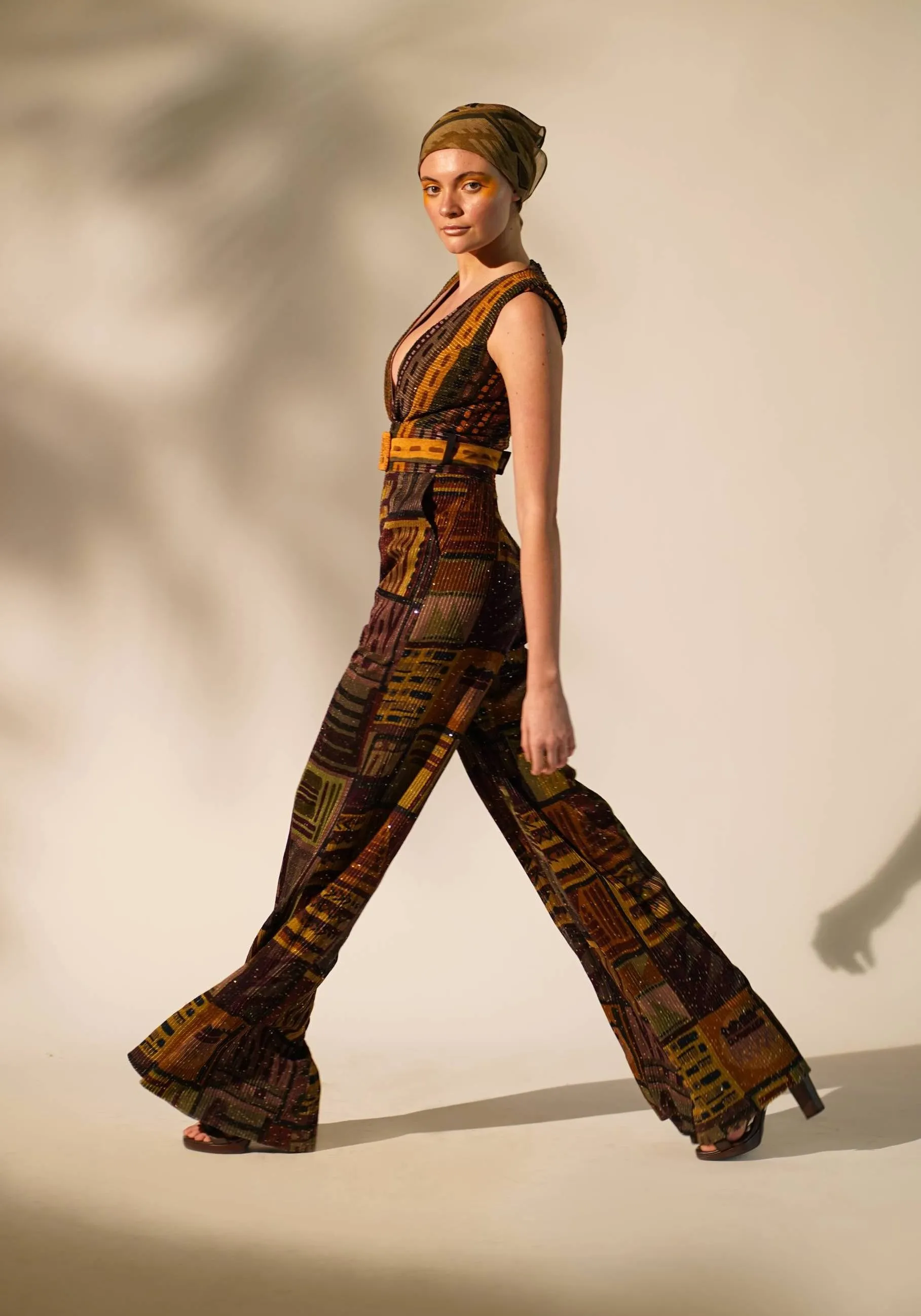 Multicolour abstract print jumpsuit with belt