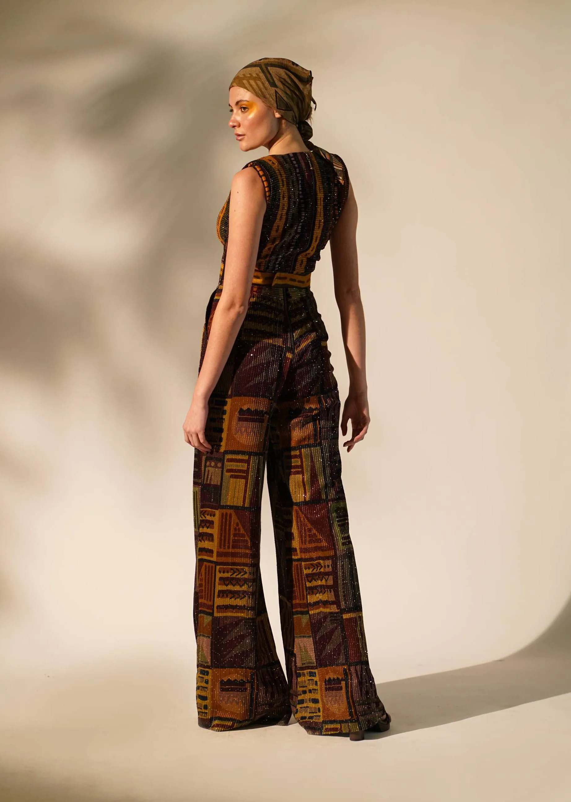 Multicolour abstract print jumpsuit with belt