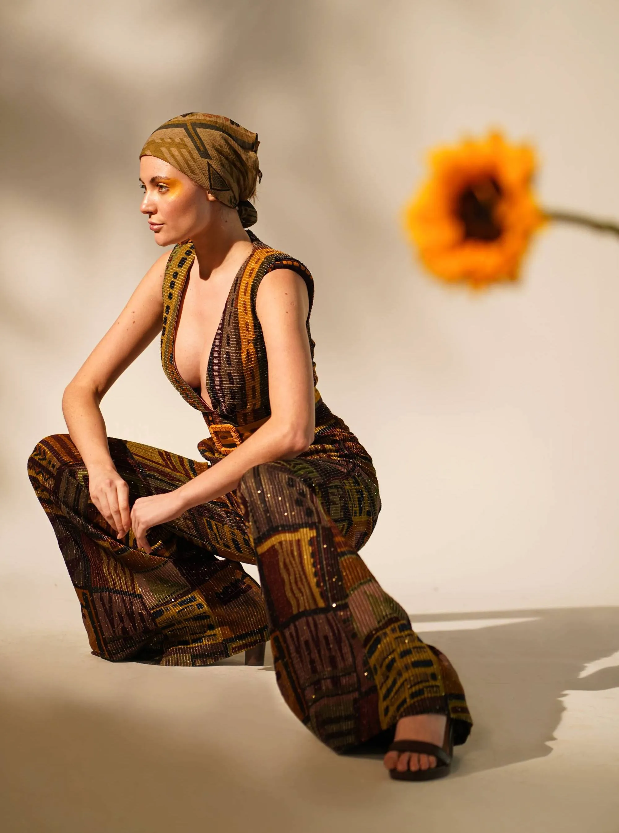 Multicolour abstract print jumpsuit with belt