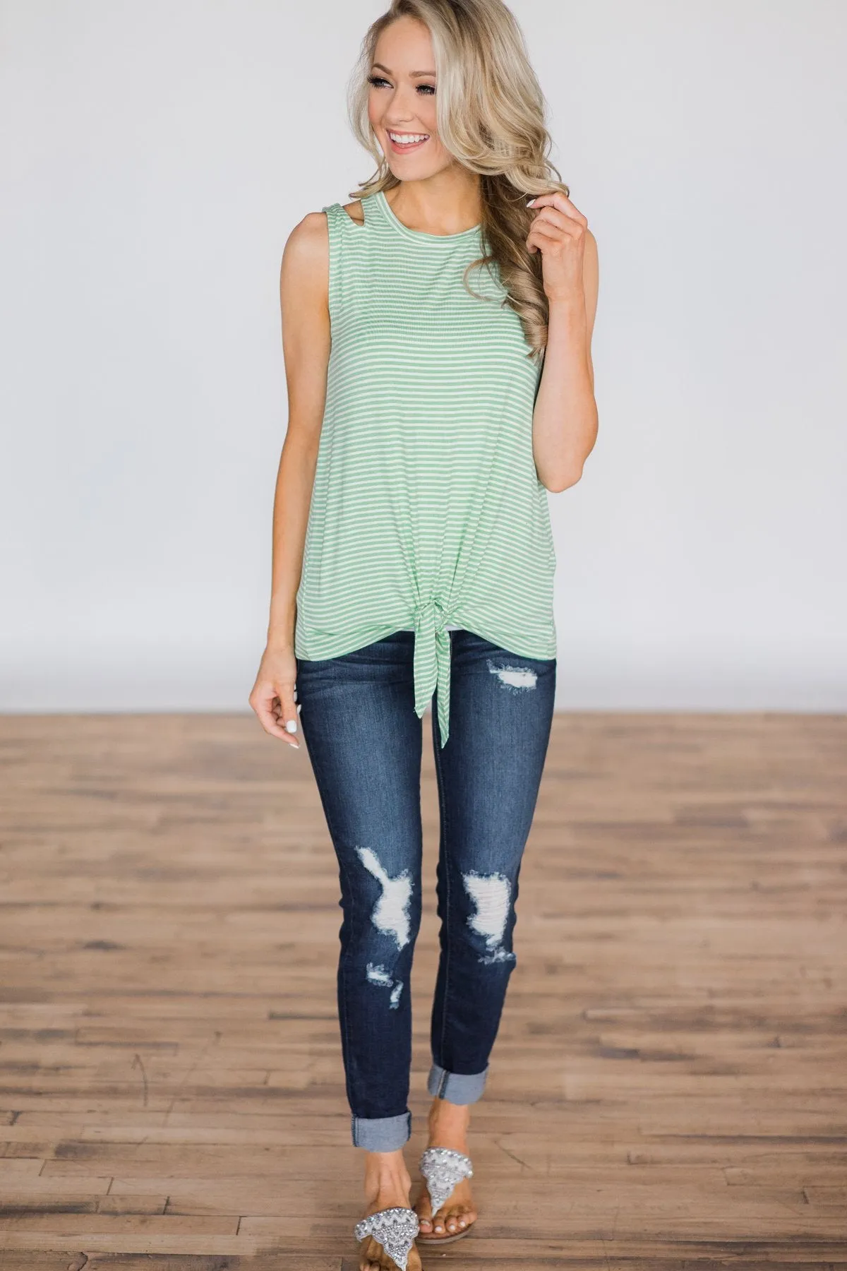No Holding Back Tie Tank Top- Mint