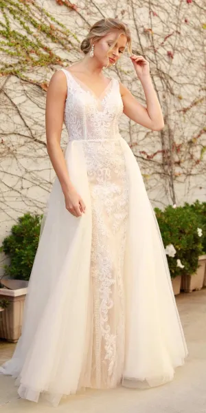 Nox Anabel E474 Sheer Lace Long Fitted A-Line Floor Drape Ruffle Gown