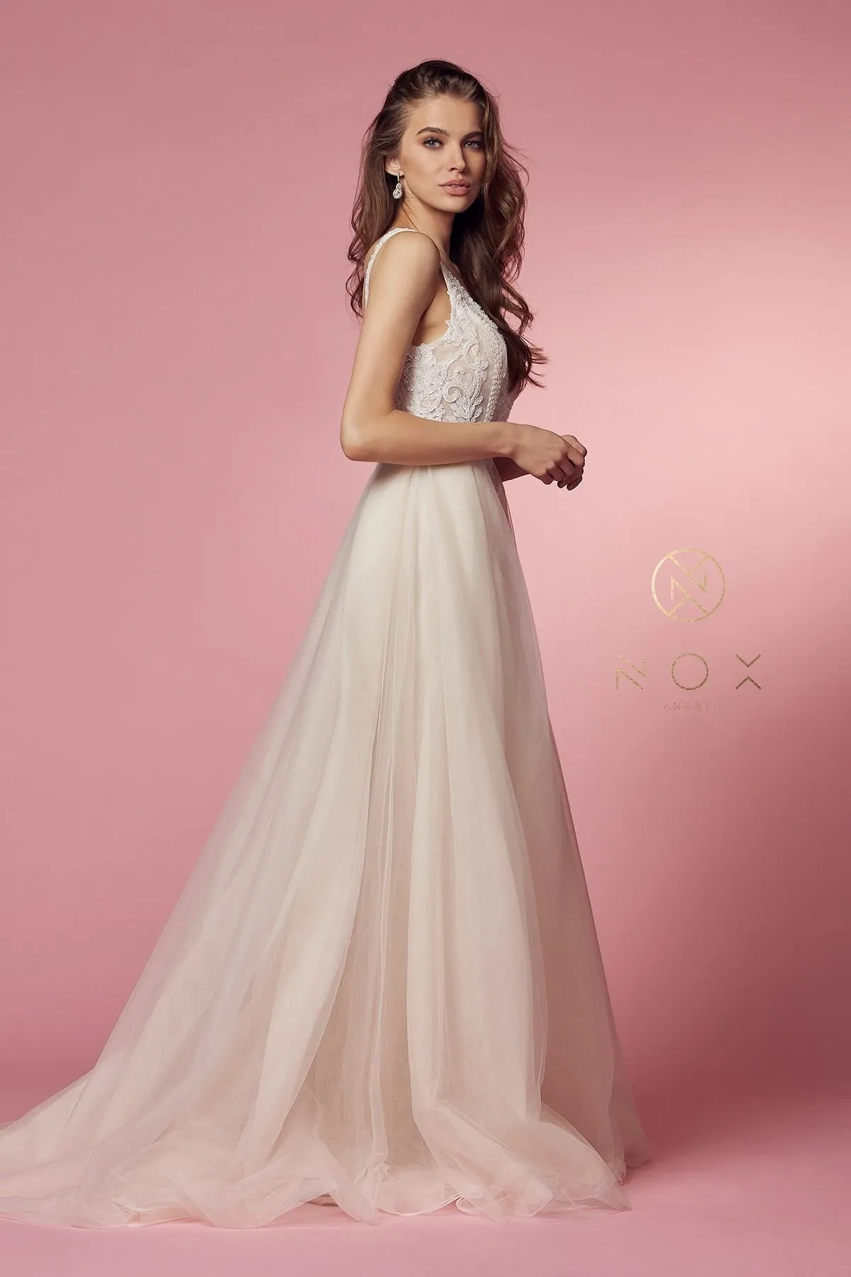 Nox Anabel E474 Sheer Lace Long Fitted A-Line Floor Drape Ruffle Gown