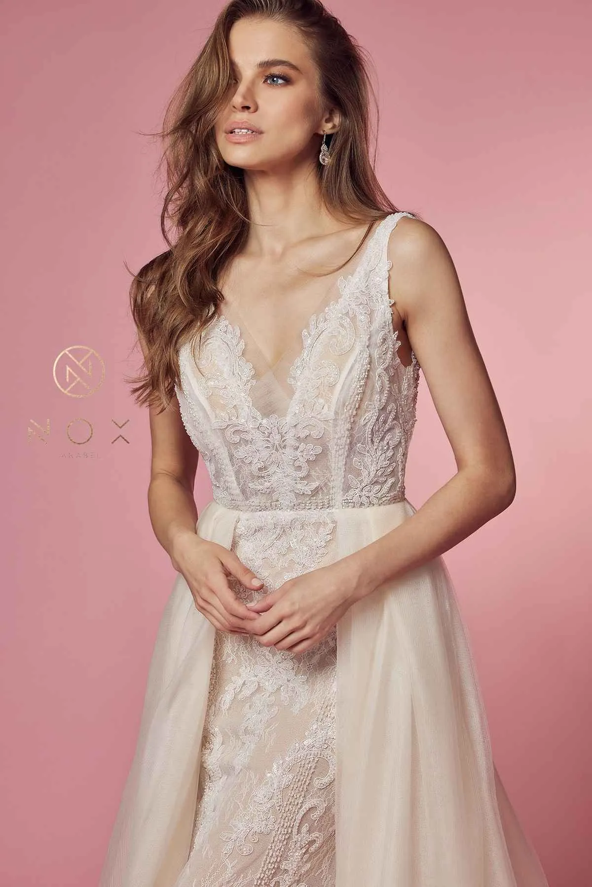 Nox Anabel E474 Sheer Lace Long Fitted A-Line Floor Drape Ruffle Gown