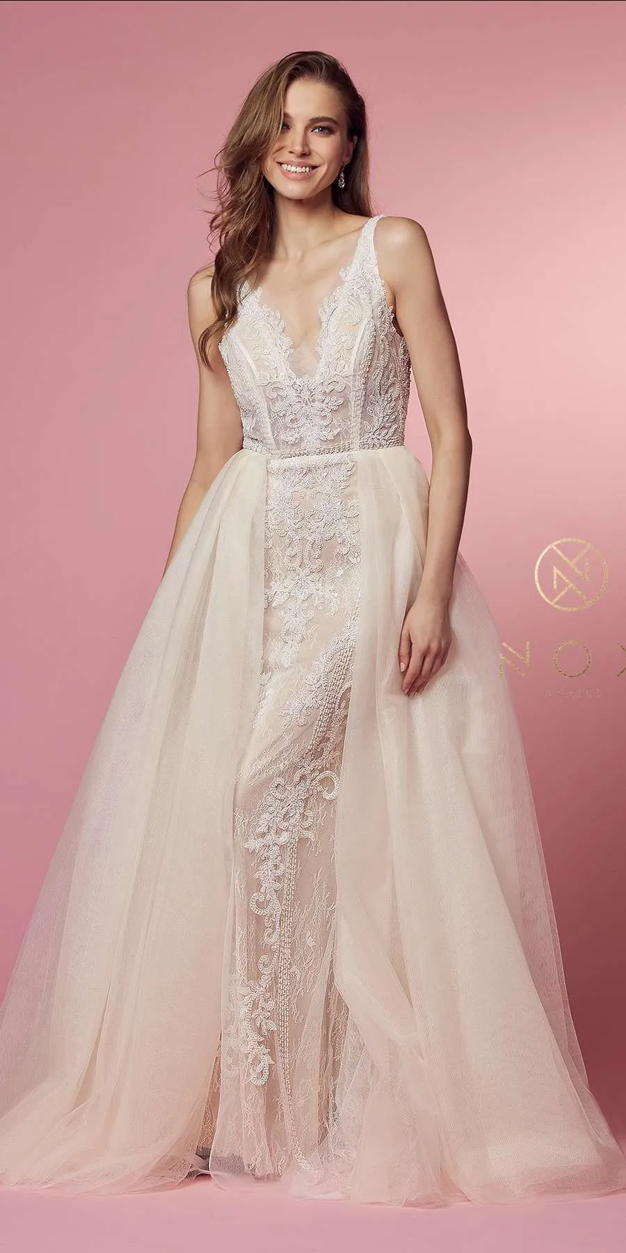 Nox Anabel E474 Sheer Lace Long Fitted A-Line Floor Drape Ruffle Gown
