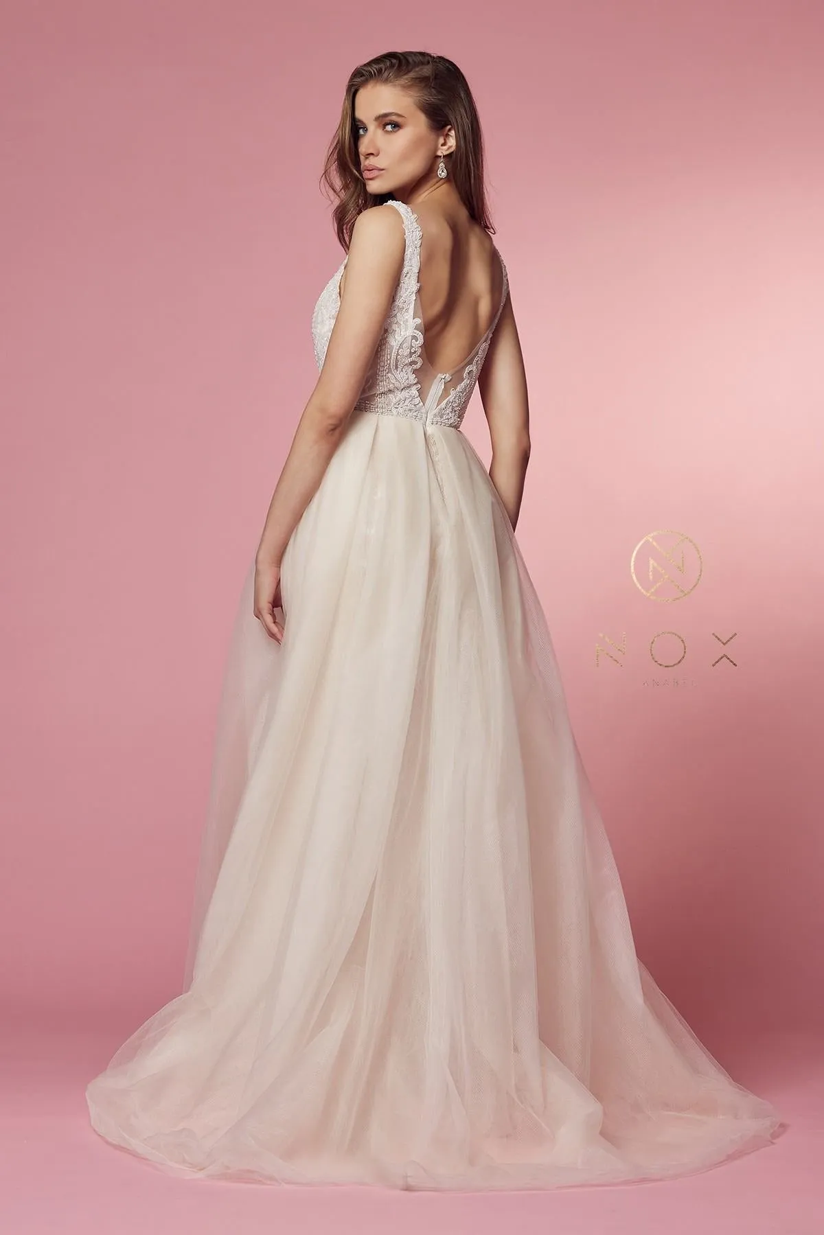Nox Anabel E474 Sheer Lace Long Fitted A-Line Floor Drape Ruffle Gown