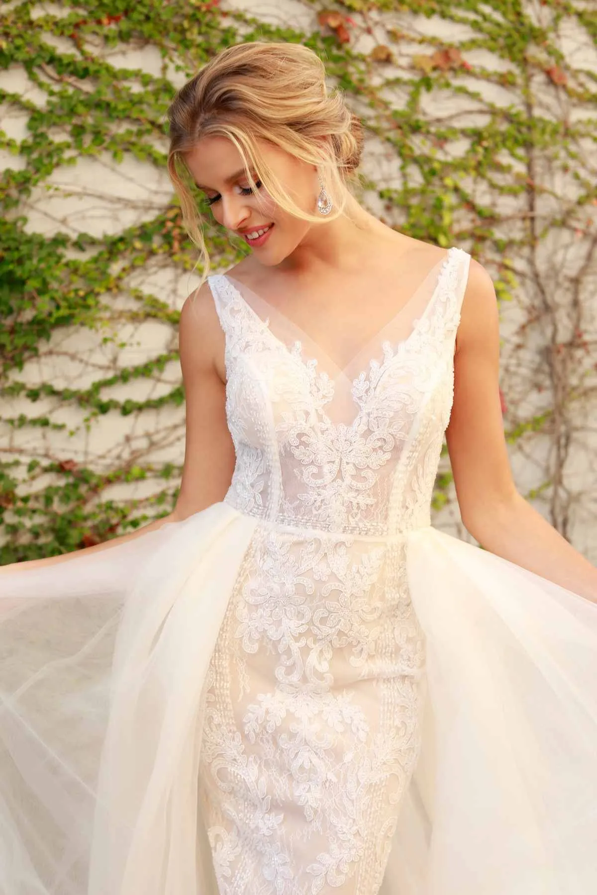 Nox Anabel E474 Sheer Lace Long Fitted A-Line Floor Drape Ruffle Gown