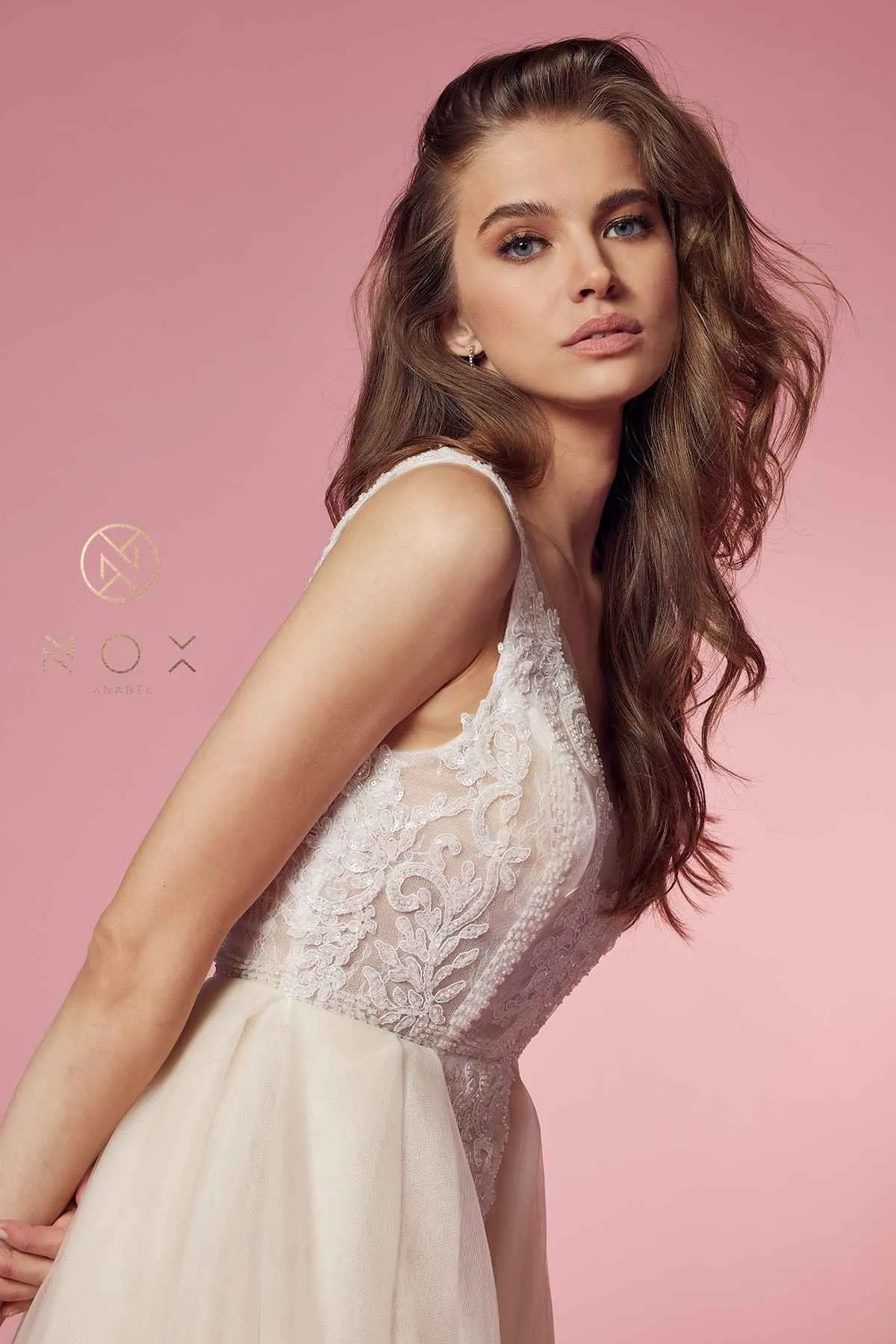 Nox Anabel E474 Sheer Lace Long Fitted A-Line Floor Drape Ruffle Gown