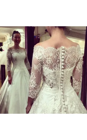 Off-shoulder Scalloped Neckline Satin Ball Gown With Lace and 3-4 Sleeves-BU_708778