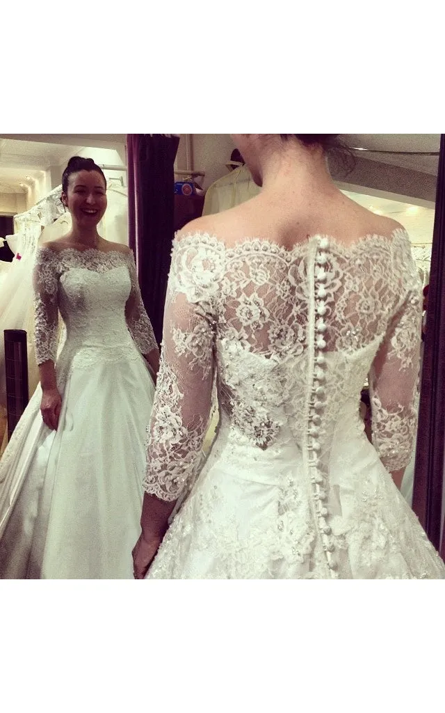Off-shoulder Scalloped Neckline Satin Ball Gown With Lace and 3-4 Sleeves-BU_708778