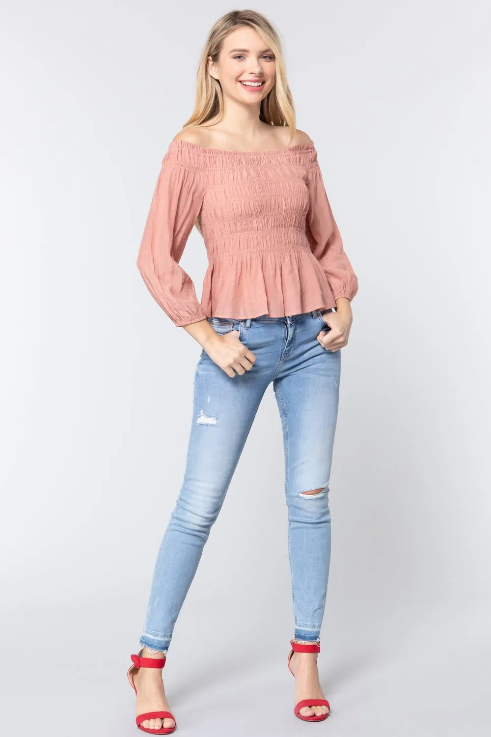 Off Shoulder Smocked Woven Top
