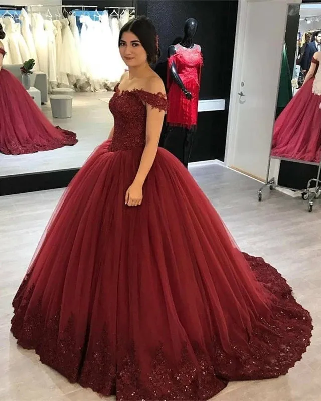 Off Shoulder Tulle V-neck Lace Burgundy Wedding Dresses Ball Gowns
