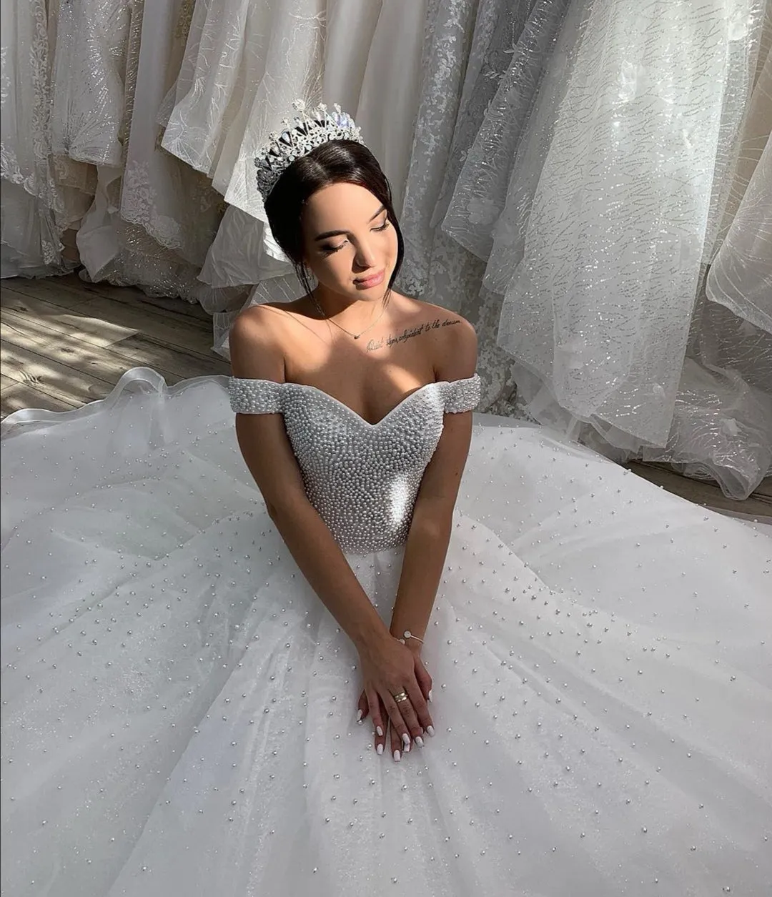 Off-the-shoulder Pearls Princess Wedding Gown Cathedral Train